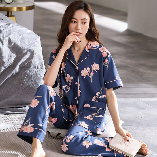 Pajamas de yalu para mujeres en verano delgadas sueltas de gran tamaño Madre pantalones de manga corta de gran tamaño juego de ropa para el hogar Q9922 Bolsa de pastilla M (peso 90-105 Jin [Jin equivale a 0.5 kg] se puede usar)
