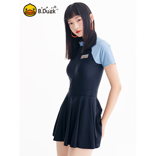 B.Duck【新品】泳衣女显瘦遮肚连体裙式长袖新款感保守防晒学生游泳衣 1049蓝色 M