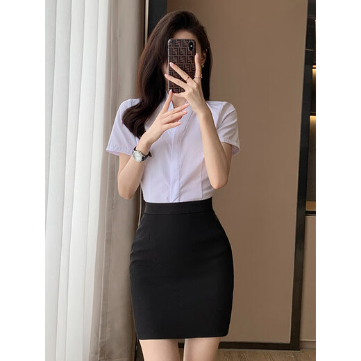 璐依雅涵酒店前台工作服女衬衫白色短袖面试套装空姐制服职业气质白衬衣 KSL-693D白色衬衫(暗门襟) 方领 M
