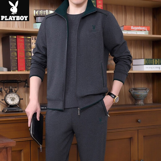花花公子运动套装中老年男士三件套2025春秋季新款跑步服爸爸装运动外套 3937-灰色【三件套】 XL(建议120-140斤左右)