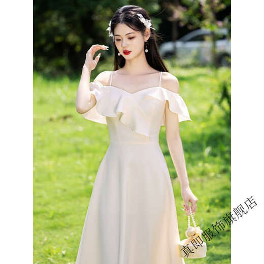Zhenji 2025 New Champagne Color Bridesmaid Dresses Slim Fit Sisterhood Temperament Evening Dress Women B Style Long Skirt Square Neck Puff Sleeves 2XL Recommended 120-135 Jin Jin is equal to 0.5 kg