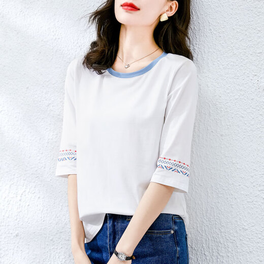 恩若凡七分袖t恤女时尚女装洋气显瘦遮肚夏季2025年棉中袖装宽松短上衣 1XS337白色+W6172冰蓝 M 均码