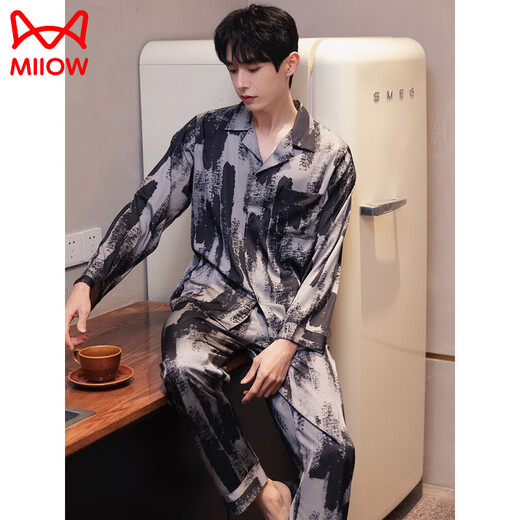 Catman (Miiow) Pajamas masculin Spring and Automne Ice Silk Silk à manches longues Suit Men's Summer 2025 NOUVELLES Vêtements à domicile 6626 Straight Men's Style XL (125-150jin [Jin est égal à 0,5 kg]))