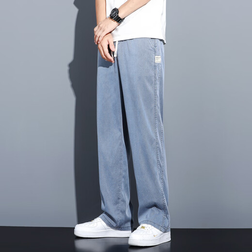 花花公子;PLAYBOY夏季垂感天丝牛仔裤男士宽松直筒休闲阔腿裤男潮牌冰丝薄款长裤男 1048蓝色 夏季 薄款 M 100-115斤