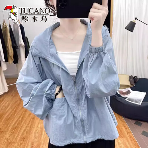 Woodpecker Korean version of hooded thin sun protection jacket for women with small 2025 summer new trendy and versatile breathable sun protection clothing Blue S [recommended 80-100Jin [Jin equals 0.5 kg]]