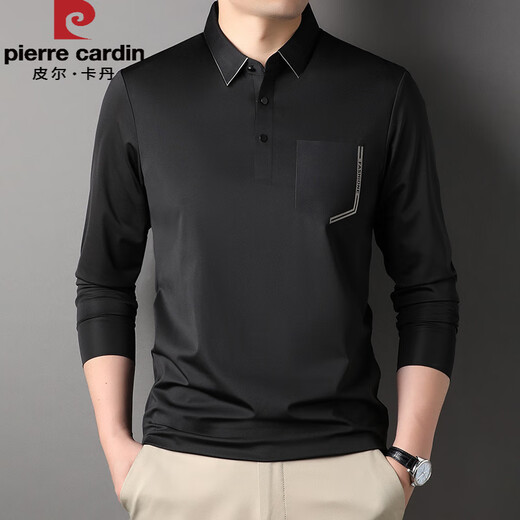 皮尔卡丹（pierre cardin）秋季冰丝无痕t恤男士长袖翻领polo衫凉感有口袋兜中年体恤爸爸装 灰色-7036 M 165