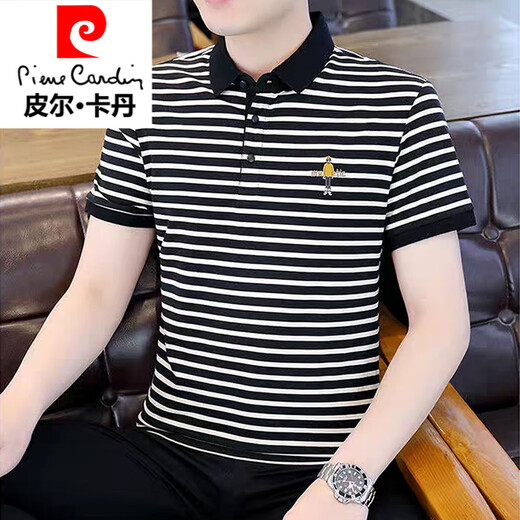 皮尔卡丹（pierre cardin）针条纹短袖男士T恤2025夏季新款百搭修身翻领半袖t恤刺绣男装织 5012黑色 M (建议90-105斤)