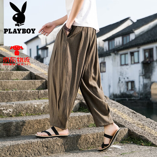 Playboy (Playboy) Chinesischer Stil Leinenhose Männer lose Baumwolle Leinenhose Großer Größe Casual Neun-Punkte Weitbein Hosen Herren Bloomer Harem Hosen schwarz dünn 2xl