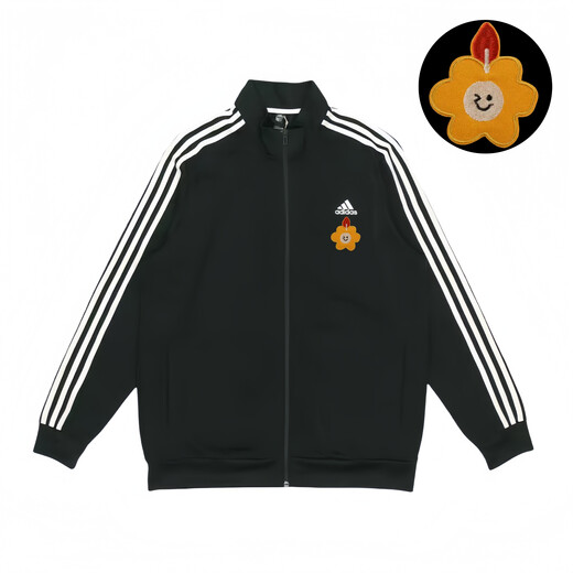 阿迪达斯 （adidas）定制服装 刺绣花朵甜点条纹运动立领飞行员夹克外套 男女同款 黑 黑色 M