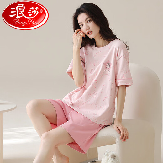 浪莎（LangSha）2025款睡衣女夏季短袖短裤纯棉圆领薄款甜美粉色家居服套装可外穿 Z9856 M 【建议80-100斤穿】