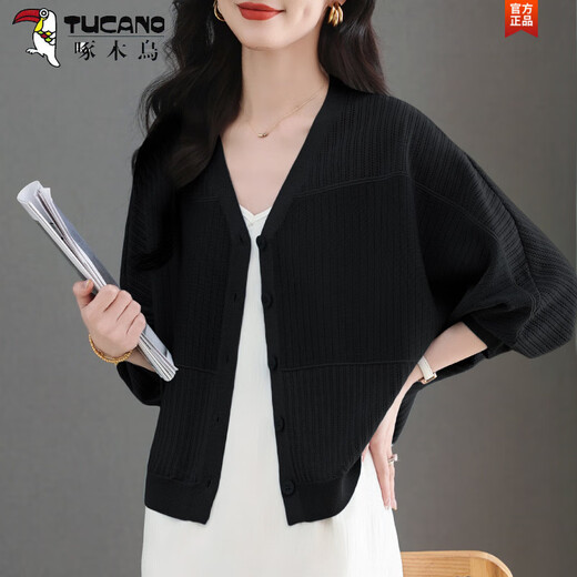 
Woodpecker (TUCANO) ice silk knitted cardigan sun protection thin coat for women 2025 summer new long-sleeved small blouse shawl top black 4XL