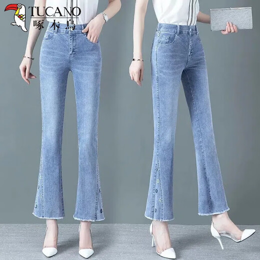 TUCANO; Woodpecker's nine-point micro-flare jeans for women 2025 spring and summer new style semi-elastic high waist slim elastic slim fit embroidered bell-bottom pants blue-6175# nine-point micro-flare trousers thin thin 28 Recommended 100-110Jin [Jin equals 0.5 kg]