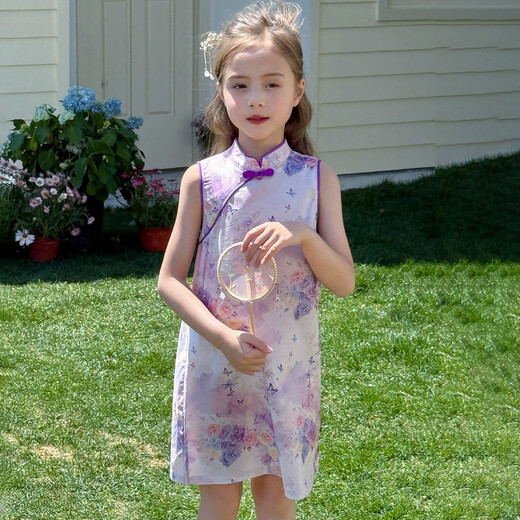 Tutu Xiaoxiang Girls' National Style Cheongsam Skirt Children's Pure Cotton Skirt New Chinese Style Dress Purple 130 Height About 130cm