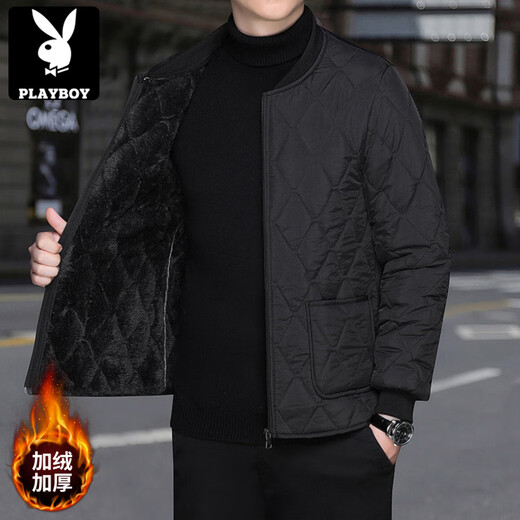 Playboy (PLAYBOY) trendy brand men's velvet thickened lining cotton-padded jacket and cotton-padded jacket to wear as a base layer to keep warm and comfortable, black zipper style XL recommended 118-138Jin Jin equals 0.5 kg
