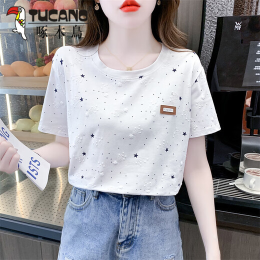 Holzspecker-Baumwoll-gedrucktes T-Shirt für Frauen im Sommer 2025 NEU LOOSSBEDEUTUNG DER BEDEUTUNG STANDILE T-Shirt Top Trend 1396# Blue Meteor XL ist für 120-134jin geeignet [Jin gleich 0,5 kg]