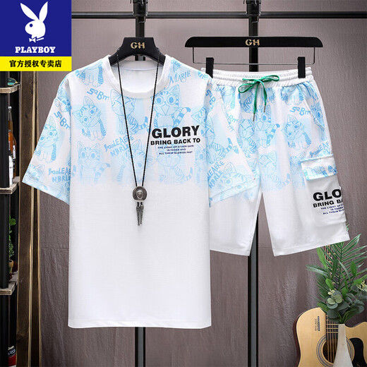 Los nuevos pantalones cortos de manga cortos de Playboy's Summer Products se establecen una camiseta informal coreana, pantalones de cinco cuartos, traje deportivo juvenil de dos piezas, azul 6187-set XL