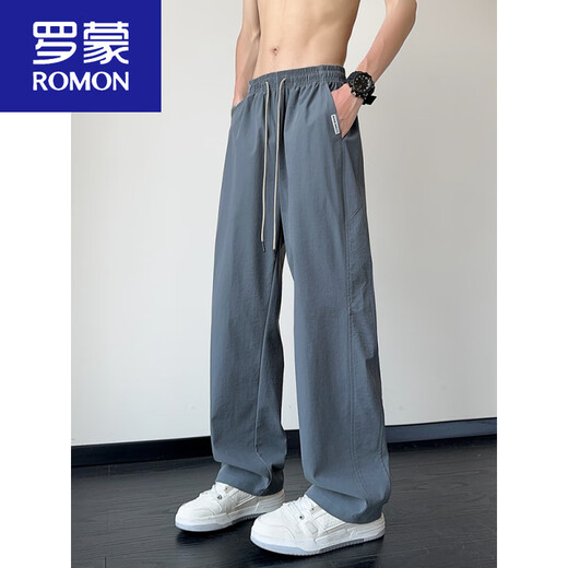罗蒙（ROMON）男士裤子夏季薄款网眼透气直筒冰丝裤男生灰色美式速干裤休闲长裤 6636黑色+6632灰色 M