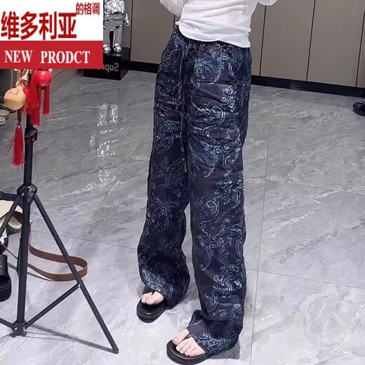 维多利亚的格调复古印花亚麻休闲裤女夏季新款大码梨形身材显瘦遮胯老钱风直筒裤 藏青色【超绝松弛感】 XL 【120-140斤】