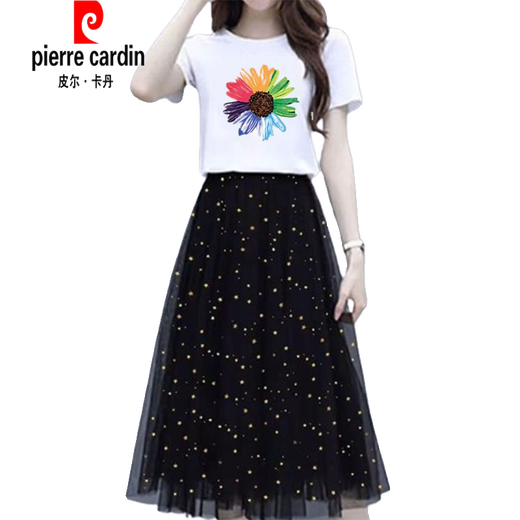 
Pierre cardin mesh skirt women two-piece suit summer new short-sleeved T-shirt women small half-length skirt student dress women Korean 6198# white + black skirt S