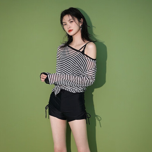 Bo Naling swimsuit women's long-sleeved sunscreen hot spring covering the flesh conservative sports slimming swimsuit equipment beach swimsuit set striped swimsuit three-piece set one size 80-120Jin Jin is equal to 0.5 kg