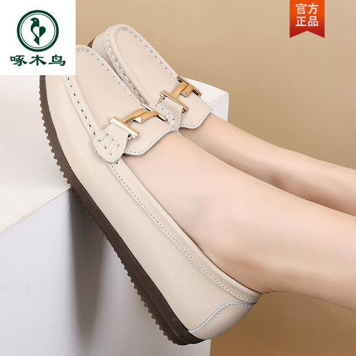 Woodpecker 2025, летние туфли на плоской подошве, мягкая подошва, туфли-бобы с мелким вырезом, повседневные туфли для мам среднего возраста, универсальные женские туфли с круглым носком, 6630, белый 35