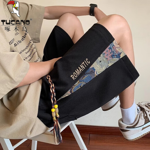 Woodpecker Japanese retro bear embroidered casual shorts men and women summer trendy couple loose wide-leg sports five-point pants flower white M