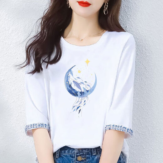 T-shirt à manches à trois quarts aux yeux de côté pour les vêtements pour femmes de la mode, mince et petit ventre 2025 Nouveau haut à manches à mi-manche W6172 Bleu à mi-manches M recommandé 80-105jin [Jin est égal à 0,5 kg]