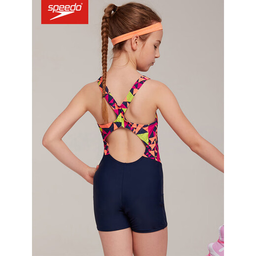 速比涛（Speedo）儿童平角泳衣舒适抗氯防晒女孩训练比赛连体游泳衣 黑色/电光粉8-12392G720 140 70(9-10岁)
