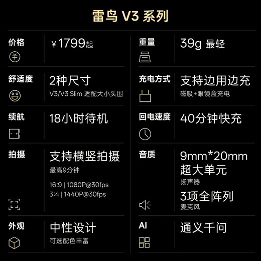 Thunderbird V3 AI glasses list TOP1 AI shooting glasses Wireless smart glasses Photo translation glasses Frame type non-flat glasses Haguro + charging box type