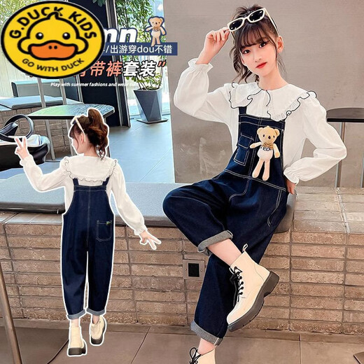 G.Duckkids Girls Denim Combins Set Spesring и осень 2025 Новая модная интернет-знаменитость модная крупная детская с длинными рукава