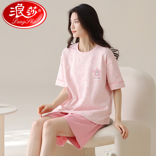 浪莎（LangSha）2025款睡衣女夏季短袖短裤纯棉圆领薄款甜美粉色家居服套装可外穿 Z9856 M 【建议80-100斤穿】