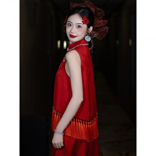 Fei Hao engagement clothes women's new Chinese cheongsam toasting suit two-piece suit high-end burgundy bride wedding morning shoot S
