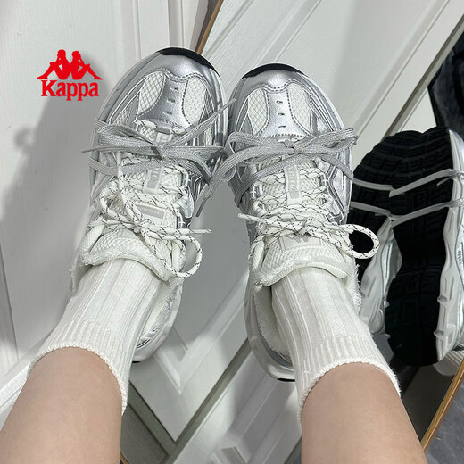 KAPPA卡帕女鞋运动鞋子2025夏季新款网面透气休闲鞋女款潮流绑带老爹鞋 银色/经典白【网面款】 38