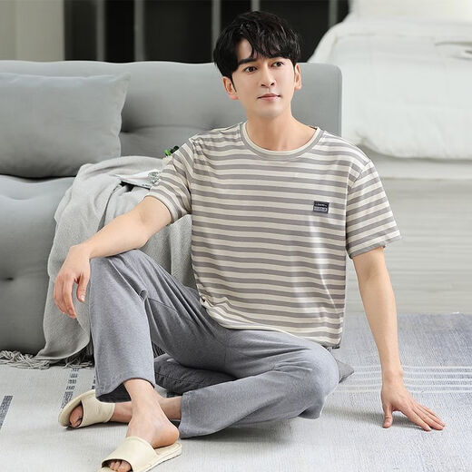 Hengyuanxiang Pyjamas Herren Sommer Purer Baumwollanzug Dünne Shorts Shorts Zwei-teilige Sommer-Baumwoll-Löser-Heimkleidung HD9928 Kurzärärmig-Shorts Anzug Herren N L 100-125jin [Jin gleich 0,5 kg]