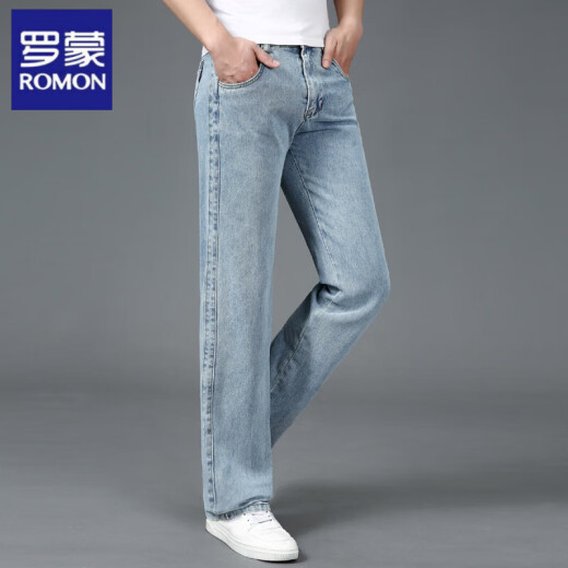 Jeans sueltos de primavera y otoño de Lomon para hombres de algodón puro delgada de hombres de gran tamaño, patas anchas de cuatro estaciones, pantalones de mediana edad, pantalones grandes piernas 688 color claro 29 círculo de cintura 2ft 2