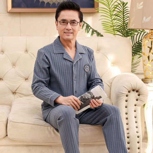 
Langsha middle-aged men's pajamas pure cotton long-sleeved spring and autumn middle-aged and elderly fathers plus size autumn and winter home clothing set SX16803 L (105-130Jin[Jin equals 0.5 kg])