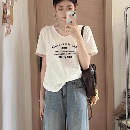Qinji bamboo joint cotton T-shirt for women short-sleeved bamboo joint cotton short-sleeved T-shirt for women white V-neck top for summer thin loose lazy and complex 6191 white [bamboo joint cotton V-neck] S recommended 80-100Jin [Jin equals 0.5 kg] All size