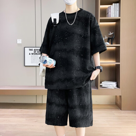 Gegusen casual sports ice silk suit 12-16-year-old boy summer trendy brand short-sleeved shorts summer teenagers men's clothing trend T6630 black M 80-100Jin [Jin equals 0.5 kg] wearable