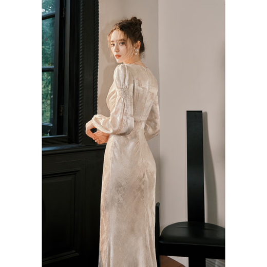 GJFD Sandalwood Snow French long-sleeved dress engagement light luxury fishtail elegant dress skirt Sandalwood Snow S