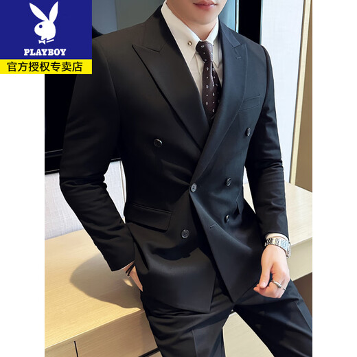 Playboy British Style Double Breasted Suit Men's Suit Business Casual Formal Groom Wedding Dress High-End Suit Three-piece Gray Suit+Trousers+Vest XL (125-140Jin Jin equals 0.5 kg)