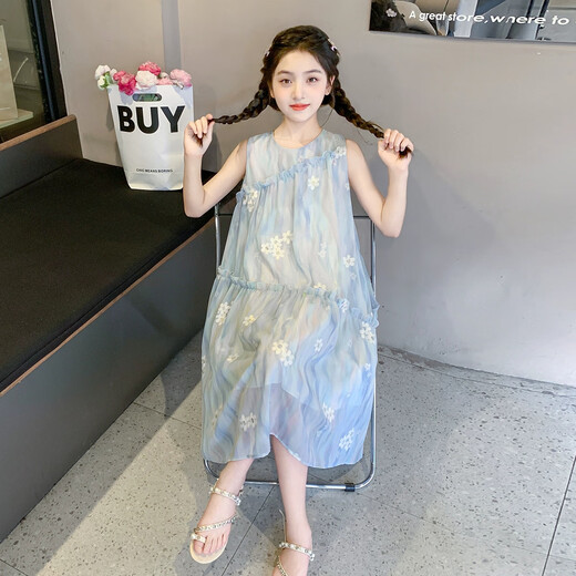 Girls' dress summer thin 2026 new fashionable big children's summer vest dress summer chiffon children's skirt blue 150