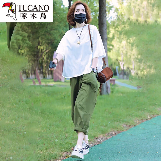 啄木鸟时尚休闲套装女夏简约白色T恤上衣宽松显瘦阔腿哈伦裤两件装 裤子 【单裤子】 XL 【115-130斤】