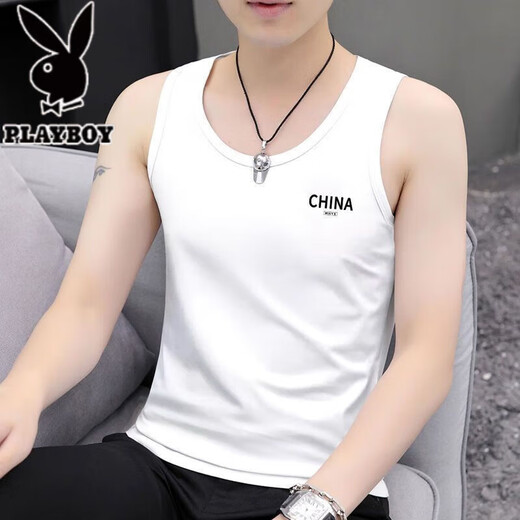 Playboy (Playboy) Herrenweste für Sommer Neue trendige Sport- und Fitnessweste schlanker Anpassungen in ärztem T-Shirt Ice Seidenbasis Sweatshirt 2-teilige China White + China Black Collection und Kauf M XL Empfohlen 165-180c110-125jin [Jin gleich 0,5 kg]