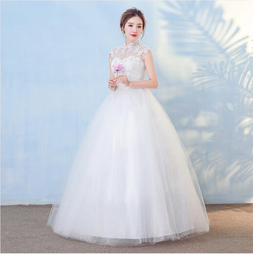 Nuevo vestido de novia de novia europea y americana, cuello de pie y vestido de boda de gran tamaño, blanco L