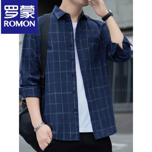 Romon Plaid Shirt Men's Long à manches à manches longues et veste de revers d'automne Top Top mince Casual Men's Shirt Automne [Mise à niveau] K12108 Gray M