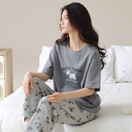 猫人（MiiOW）女士睡衣夏季纯棉短袖长裤2025年新款夏天灰色休闲家居服套装 YZ9715粉色玫瑰 M 80-95斤