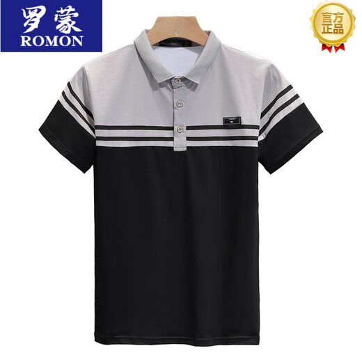 罗蒙（ROMON）夏季T恤男士夏季短袖翻领t恤韩版修身棉质休闲衫男装半袖潮流上衣 733黑色 2XL 180