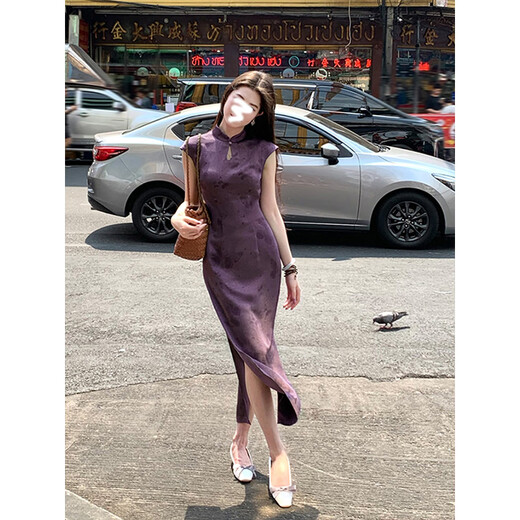 Jin Jin is equal to 0.5 kg. Mu Furong Purple Satin Improved Cheongsam Women's New Chinese Style National Style Whitening, Beautiful and Slim Temperament Long Dress M (80-95 Jin Jin is equal to 0.5 kg)