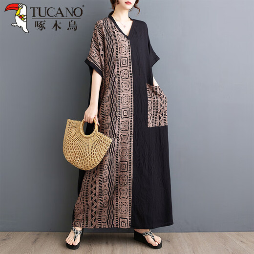 Woodpecker exports Thai fat M girls thin cotton and linen printed splicing tensile slim belly covering to make you look slim V-neck short-sleeved contrasting color long dress 9856# blue splicing, one size, 100-200 Jin [Jin equals 0.5 kg]
