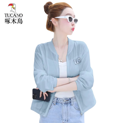 啄木鸟防晒衣女2025年夏季新款短款长袖宽松透气防晒服轻薄外套 浅蓝色 M